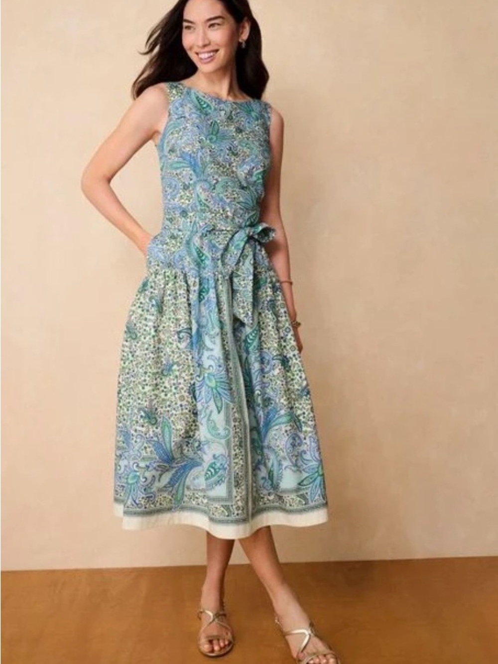Talbots Sleeveless Paisley Tie-Waist Midi Dress in Blue and Green
